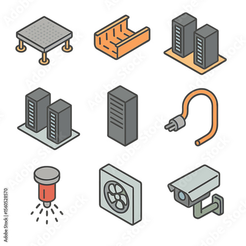 Infrastructure Icon Grid. Isometric Flat icon set of physical infrastructure layout: raised floor tile, cable tray, hot aisle,
