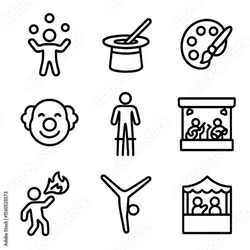 Entertainment Icon Set. Outline icon set of entertainment acts: juggler, magician’s hat, face painter palette, clown nose, stilt