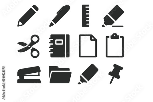 12 black stationery icons. Solid vector for office, school, and writing tools.