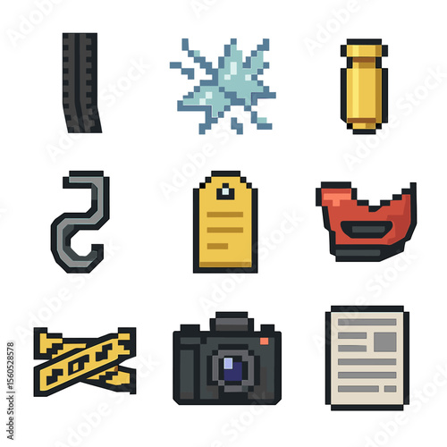 Chase Evidence Icons. Pixel art icon set of chase aftermath and evidence: skid mark, shattered glass, bullet casing, tow hook,