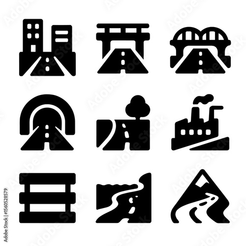 Chase Scene Icons. Solid, Filled icon set of chase environments: urban street, highway overpass, bridge, tunnel entrance, rural