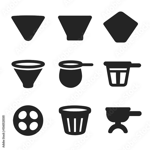 Coffee Filter Icons. Solid, filled icon set of types of coffee filters: cone shape, flat-bottom, paper type, stainless steel,