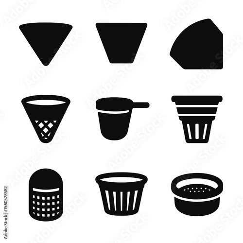 Coffee Filter Icons. Solid, filled icon set of types of coffee filters: cone shape, flat-bottom, paper type, stainless steel,