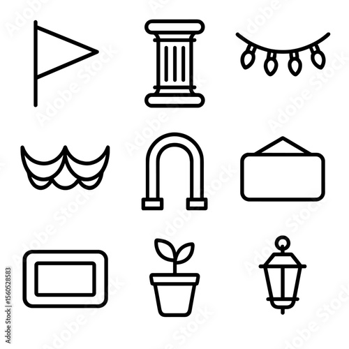 Entrance Icon Set. Outline icon set of entrance decorative elements: banner flag, ornamental column, festoon light, garland décor,