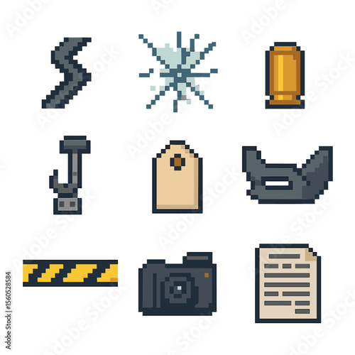Chase Evidence Icons. Pixel art icon set of chase aftermath and evidence: skid mark, shattered glass, bullet casing, tow hook,