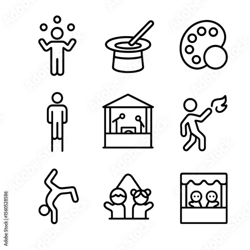 Entertainment Icon Set. Outline icon set of entertainment acts: juggler, magician’s hat, face painter palette, clown nose, stilt