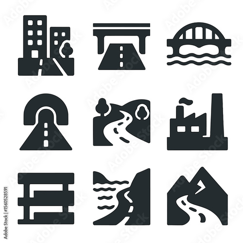 Chase Scene Icons. Solid, Filled icon set of chase environments: urban street, highway overpass, bridge, tunnel entrance, rural