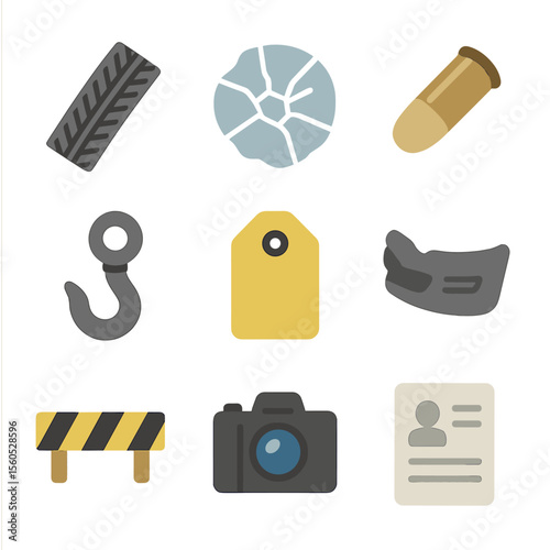 Chase Evidence Icons. Flat icon set of chase aftermath and evidence: skid mark, shattered glass, bullet casing, tow hook, evidence