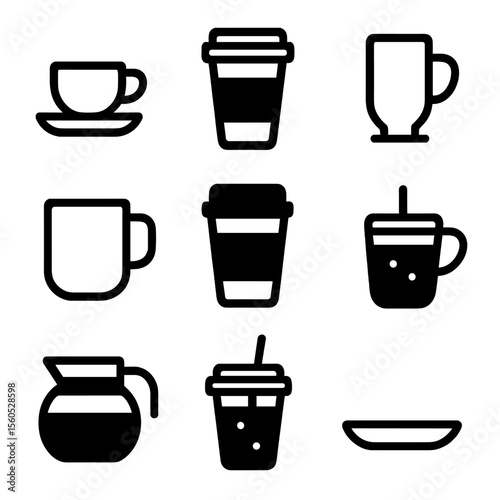 Coffee Icon Grid. Solid, filled icon set of coffee cups and mugs: espresso cup, takeaway cup, latte glass, ceramic mug, travel