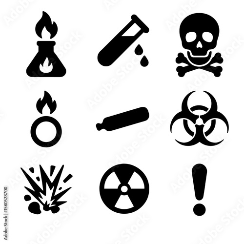 Chemical Hazard Icons. Solid, Filled icon set of chemical hazard assessment: flammable bottle, corrosive test tube, toxic skull,