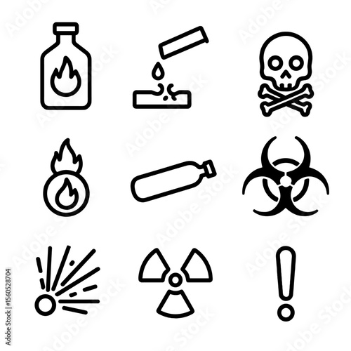 Chemical Hazard Icons. Outline icon set of chemical hazard assessment: flammable bottle, corrosive test tube, toxic skull,