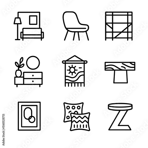 Interior Design Icons. Outline icon set of interior design styles: minimalist room, mid-century chair, industrial shelving,