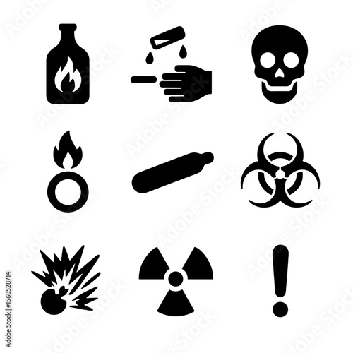 Chemical Hazard Icons. Solid, Filled icon set of chemical hazard assessment: flammable bottle, corrosive test tube, toxic skull,