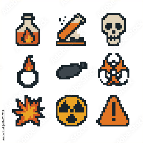 Chemical Hazard Icons. Pixel art icon set of chemical hazard assessment: flammable bottle, corrosive test tube, toxic skull,