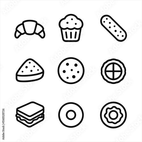 Coffeehouse Pastries Icons. Outline icon set of Coffeehouse Pastries & Snacks: croissant, muffin, biscotti, scone, cookie, tart,