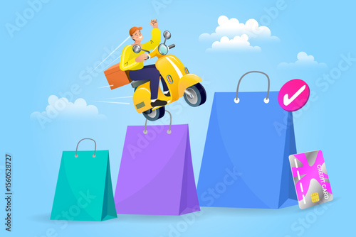hand holding shopping bags with sale text, online delivery e-commerce concept.