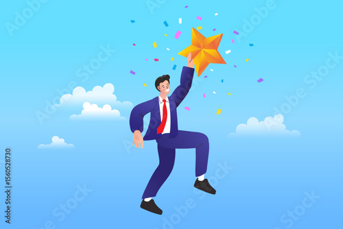 businessman in a suit happily holding up a large golden star, with confetti falling around him. 