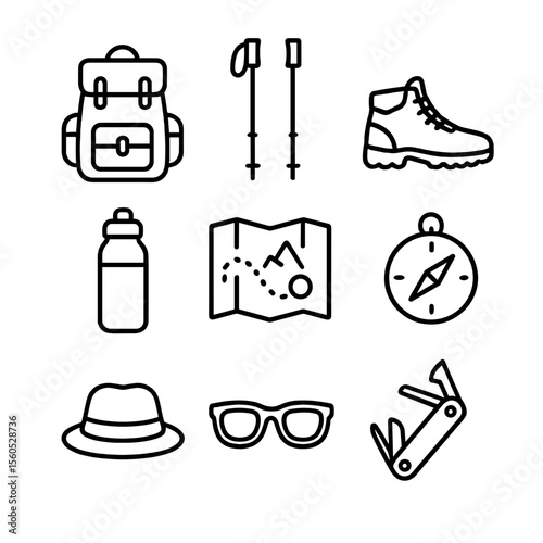 Essential Hiking Gear Icons. Outline icon set of essential hiking gear: backpack, trekking poles, hiking boots, water bottle, map,