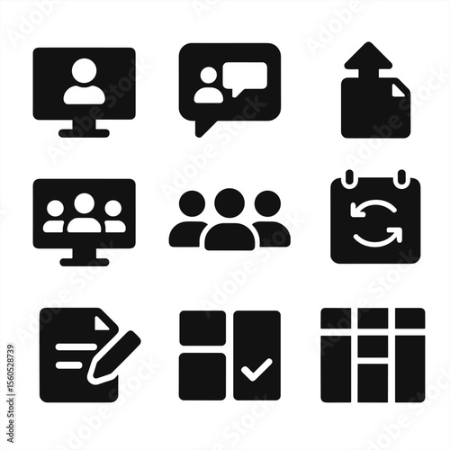 Collaborative Workspace Icons. Solid, filled icon set of collaborative online workspaces: shared screen, team chat, file upload,