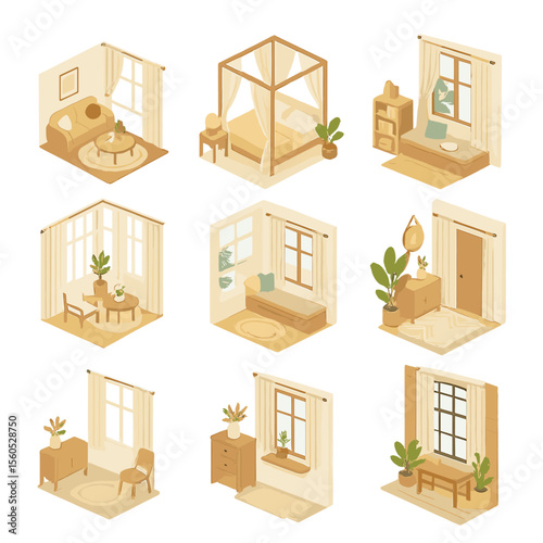Interior Design Icon Set. Isometric Flat icon set of interior design scenes featuring linen curtains: cozy living room, bedroom