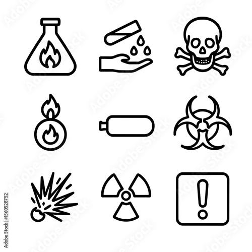 Chemical Hazard Icons. Outline icon set of chemical hazard assessment: flammable bottle, corrosive test tube, toxic skull,