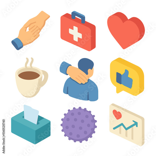 Colleague Support Icons. Isometric Flat icon set of supporting a colleague: helping hand, first aid kit, heart symbol, coffee cup,
