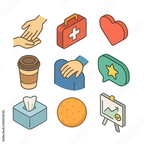 Colleague Support Icons. Isometric Flat icon set of supporting a colleague: helping hand, first aid kit, heart symbol, coffee cup,