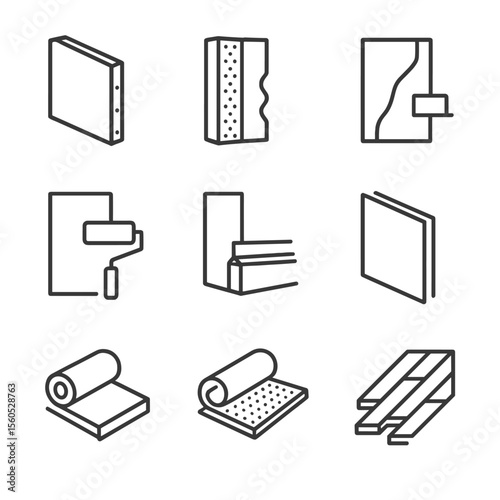 Interior Finish Icons. Outline icon set of Interior Finish Layer Cutaway: drywall panel, acoustic insulation, finish plaster,