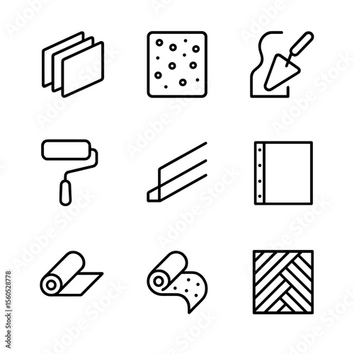 Interior Finish Icons. Outline icon set of Interior Finish Layer Cutaway: drywall panel, acoustic insulation, finish plaster,