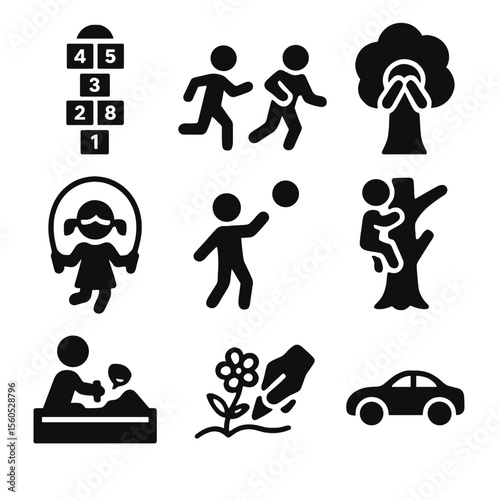 Childhood Play Icons. Solid, filled icon set of childhood play activities: hopscotch, tag game, hide and seek, jump rope, ball