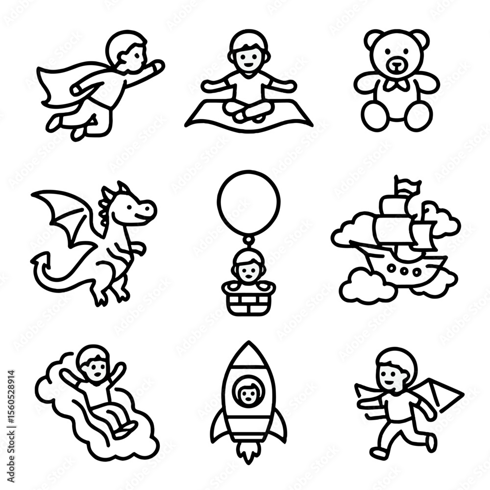 Naklejka premium Children's Flight Icons. Outline icon set of children’s imaginative flights: superhero cape, magic carpet, flying teddy bear,