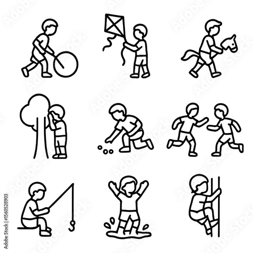 Childhood Village Games Icons. Outline icon set of childhood village games: hoop rolling, kite flying, stick horse, hide and seek,