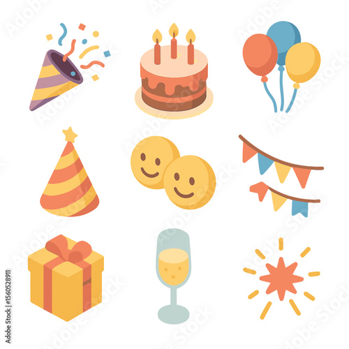 Joyful Celebration Icons. Isometric Flat icon set of Joyful Celebrations: confetti popper, birthday cake, balloons, party hat,