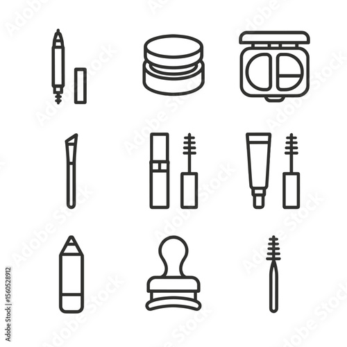Eyebrow Makeup Essentials Icons. Outline icon set of eyebrow makeup essentials: retractable brow pencil, pomade jar, powder duo