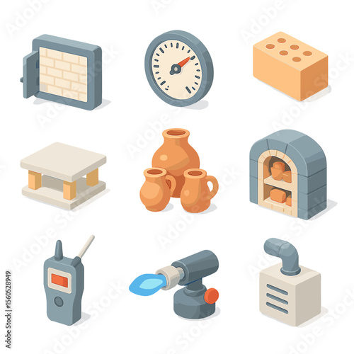 Kiln Process Icons. Isometric Flat icon set of kiln firing process: kiln door, temperature gauge, firebrick, kiln shelf, pyrometer