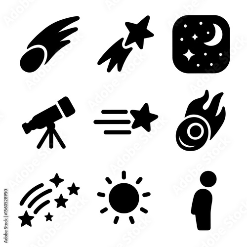 Comet Icon Set. Solid, filled icon set of comet passing by: comet with tail, shooting star, night sky, telescope, star trail,