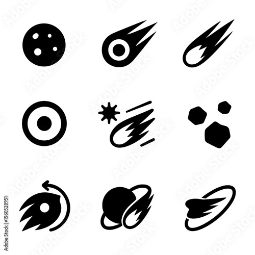 Comet Structure Icons. Solid, filled icon set of comet anatomy and structure: nucleus, coma, dust tail, ion tail, core diagram,