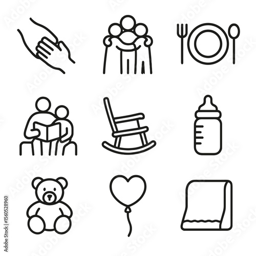 Family Bond Icon Set. Outline icon set of nurturing family bonds: parent and child handhold, group hug, shared meal plate, bedtime