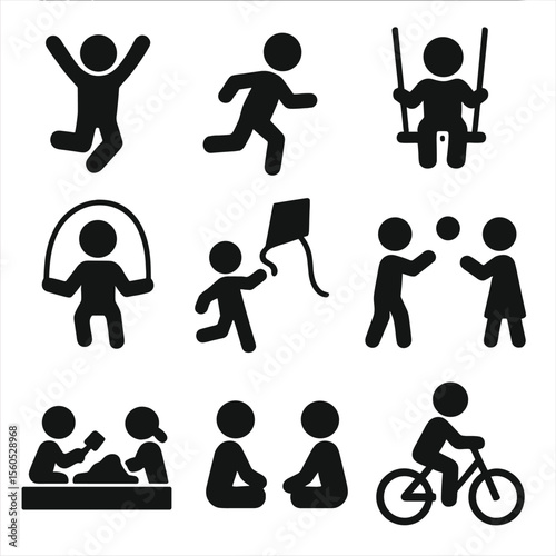 Children's Play Icons. Solid, filled icon set of children playing in nature: jumping child, running child, swinging child,
