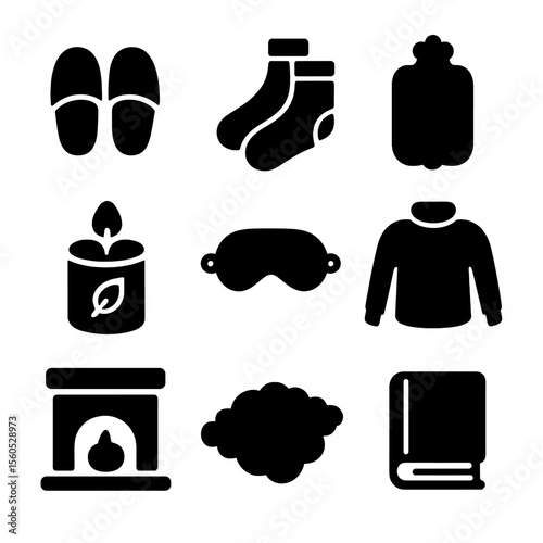 Comfort Icons Grid. Solid, filled icon set of comfort and relaxation: slippers, warm socks, hot water bottle, scented candle, eye
