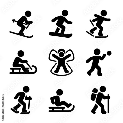 Children's Winter Sports Icons. Solid, filled icon set of winter sports for children: skiing, snowboarding, ice skating, sledding,
