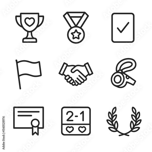 Fair Play Icon Set. Outline icon set of fair play recognition: sportsmanship trophy, medal of honor, green card symbol, fair play