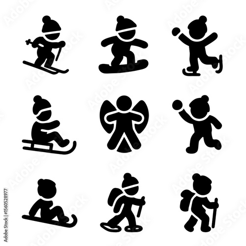 Children's Winter Sports Icons. Solid, filled icon set of winter sports for children: skiing, snowboarding, ice skating, sledding,