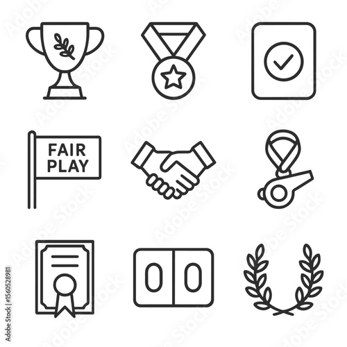 Fair Play Icons. Outline icon set of fair play recognition: sportsmanship trophy, medal of honor, green card symbol, fair play