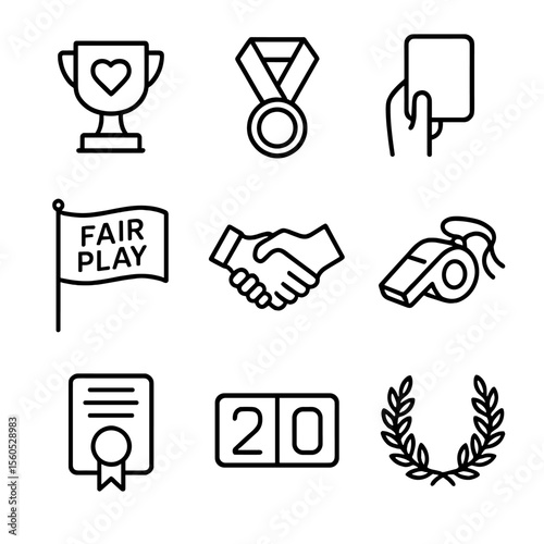 Fair Play Icon Set. Outline icon set of fair play recognition: sportsmanship trophy, medal of honor, green card symbol, fair play