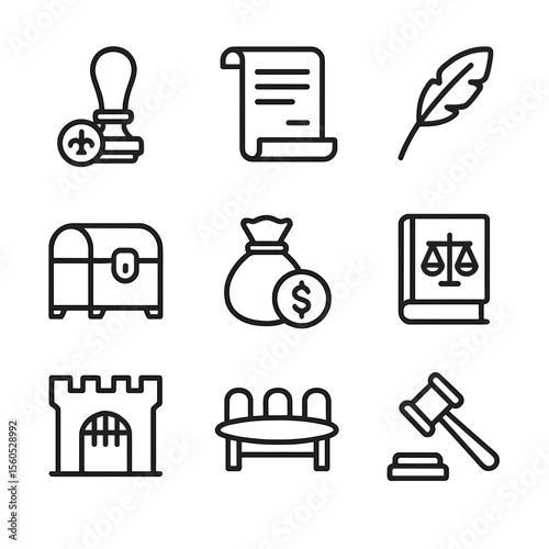 King's Governance Icons. Outline icon set of king’s governance tools: royal seal, parchment scroll, quill, treasury chest, coin