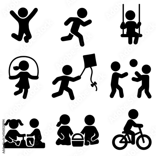 Children's Play Icons. Solid, filled icon set of children playing in nature: jumping child, running child, swinging child,