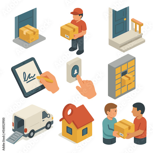 Last-Mile Delivery Icons. Isometric Flat icon set of last-mile delivery: doorstep parcel drop, delivery person with parcel, front