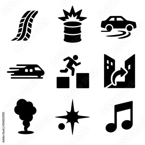 Cinematic Chase Icons. Solid, Filled icon set of cinematic chase elements: tire skid mark, exploding barrel, drifting car,