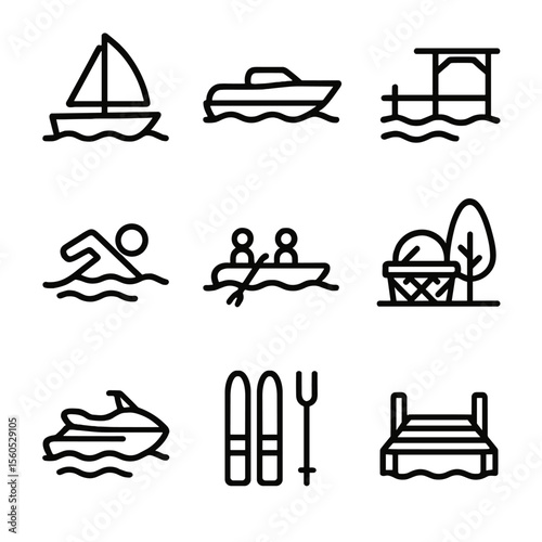 Lake Recreation Icons. Outline icon set of Lake Recreation: sailboat, motorboat, fishing pier, swimmer, paddleboat, lakeside